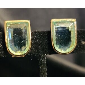 VTG Signed Hobe Gold Tone Aqua Glass Shield Clip On Earrings